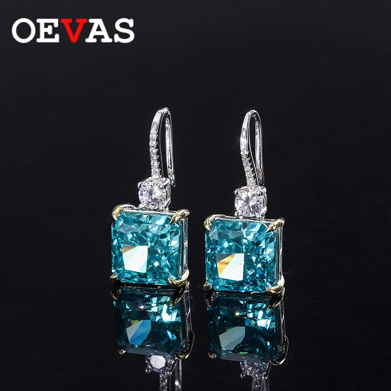 

OEVAS 10*10mm AAAAA Radiant Cut Zircon Mint Green Earrings 100% S925 Sterling Sliver for Women Wedding Fine Jewelry Gift