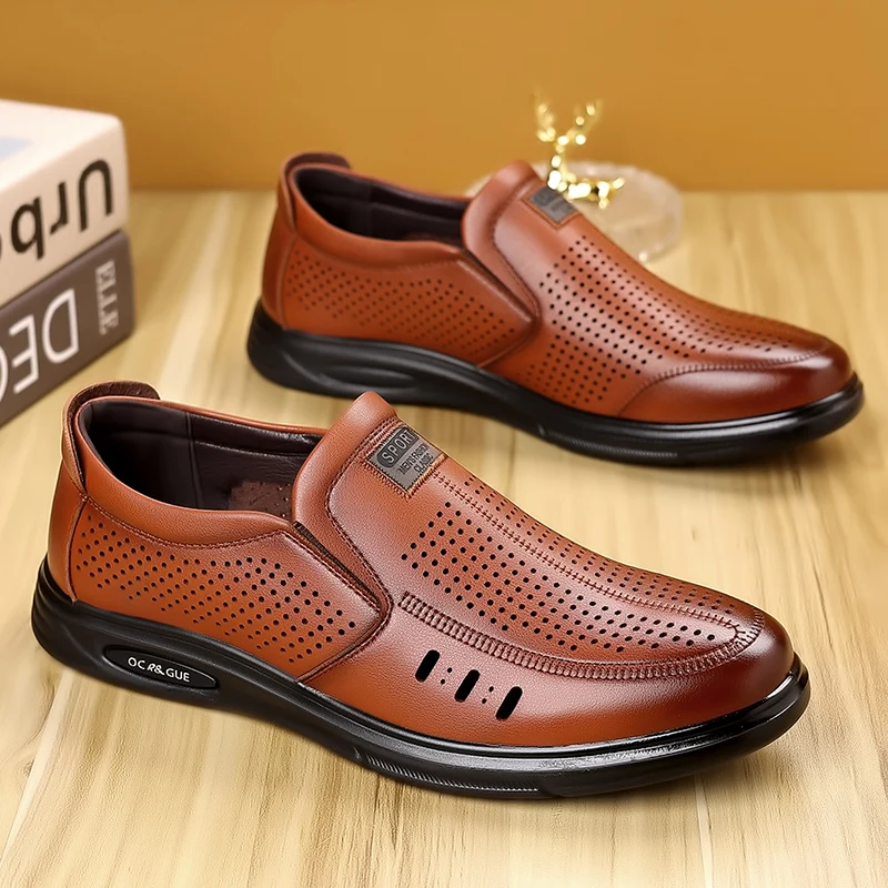 

Sandals for men's driving leather soft soles breathable and hollow work wearing father's bean summer men shoes