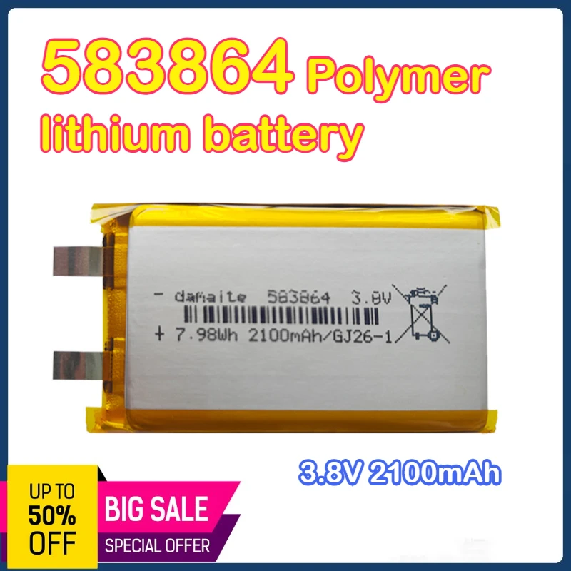 

583864 Подходит для 583864 полимерной литиевой батареи 3,8 В 2100 мАч, блок питания для мобильных устройств, аккумулятора для ноутбука