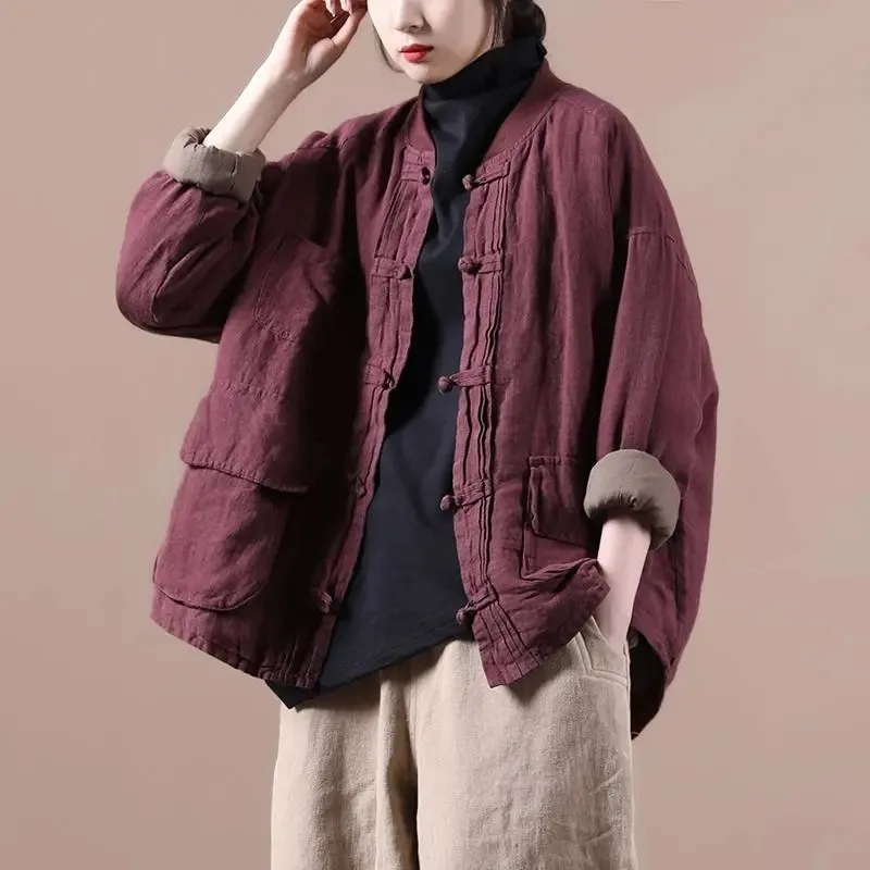 Women Vintage Jackets Solid Color Cotton Linen Coats Stand Button Patchwork Pockets 2023 Spring Loose Female Jackets