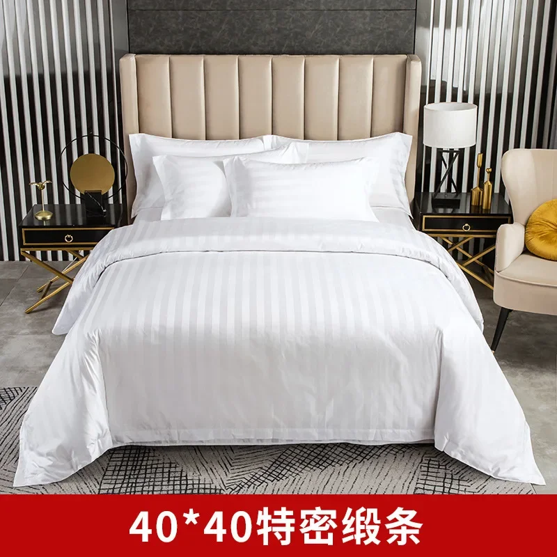 100% Cotton Stripe Hotel Bedding Thickened Dense Satin Stripe White Bed Sheet Duvet Cover for Hotel Homestay Guest Room