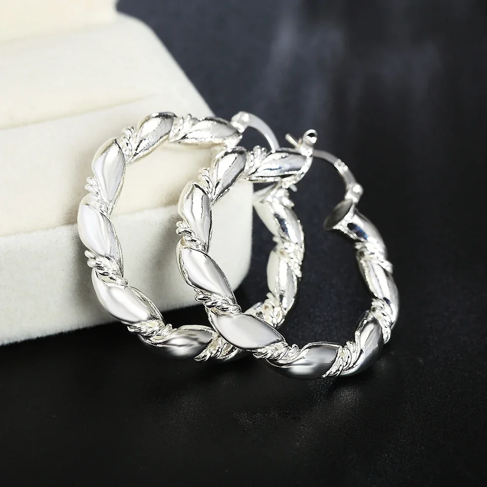 Hot 18K Gold Rope Round Big 4cm Hoop Earrings 925 Sterling Silver Fashion Jewelry Wedding Party Popular Brand Holiday Gifts view 4