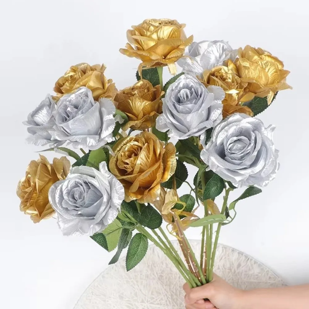 1pc Silk Rose Simulated Rose Bouquet Gold DIY Floral Materials Simulation Flowers Realistic Soft Wedding Bouquet