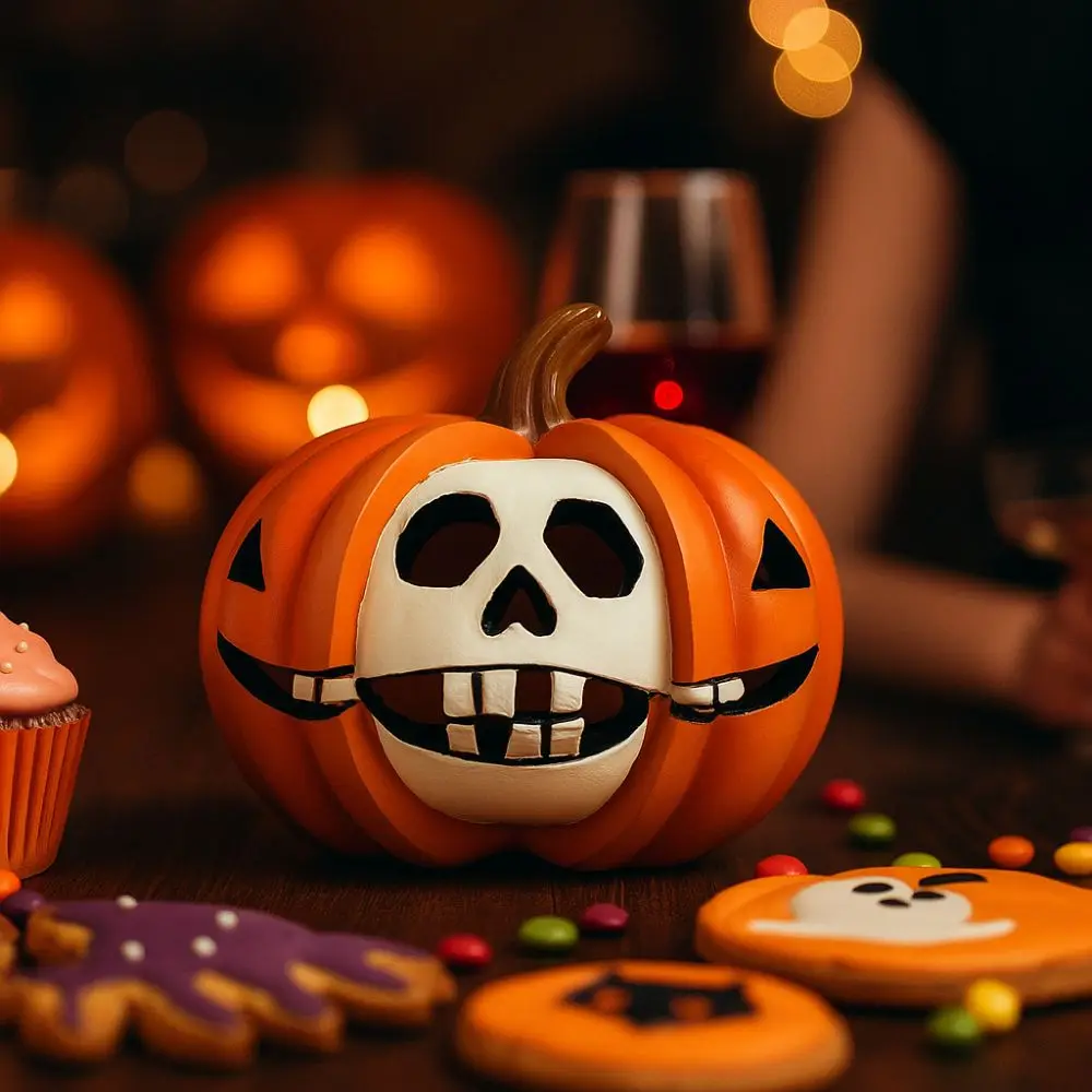 

Resin Halloween Pumpkin Figurine Scary Orange Pumpkin Skeleton Statue Realistic Mini Halloween Ornaments Thanksgiving