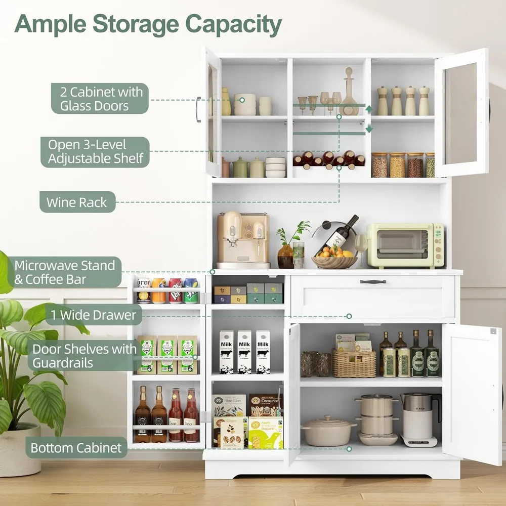 خزانة تخزين مخزن المطبخ، خزانة بوفيه قائمة بذاتها مع حامل ميكروويف و4 أرفف أبواب، خزانة مطبخ مع أبواب، إعلان