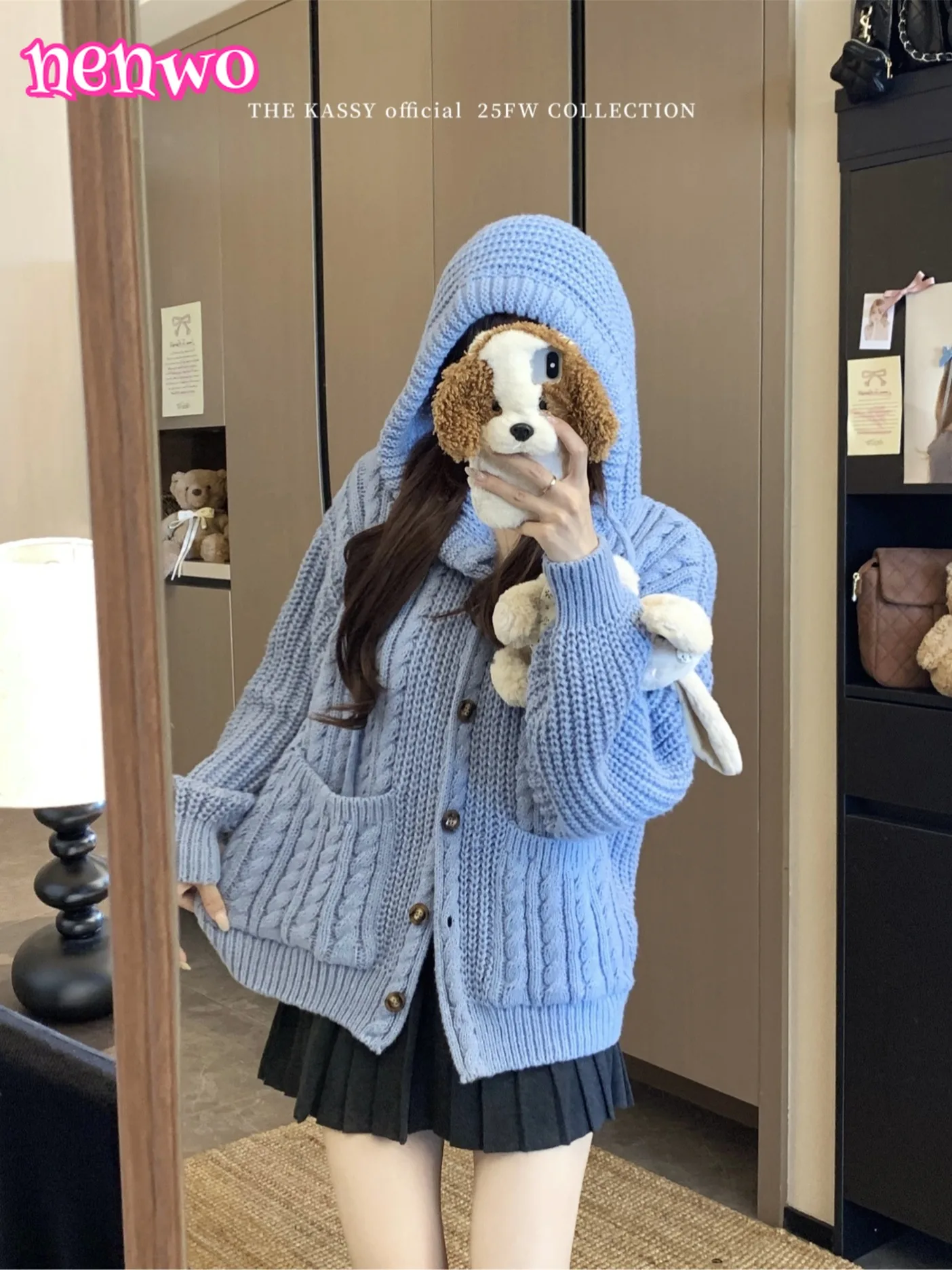 

Loose Knitted Open Cardigan Sweater Women's Style Autumn Winter New Arrival Lazy Fashion Vintage Blue Twist Hat Hoodie Jacket