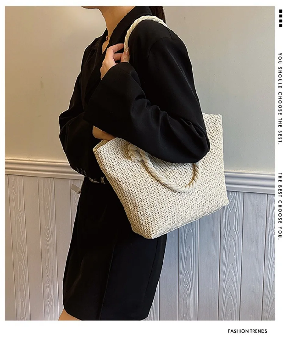 Neue Sommer-Strandtasche mit Großer Kapazität, Raffia Boho Schultertasche, Henkeltasche für Damen – Detail 2