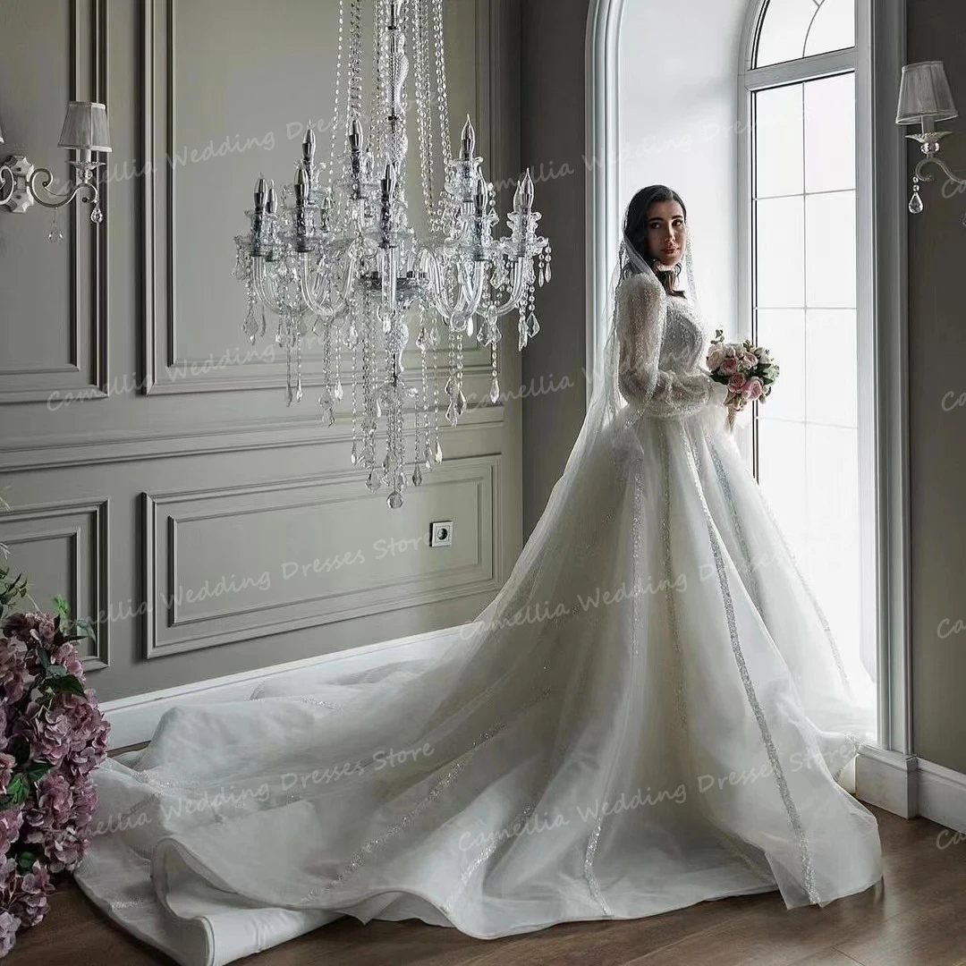 Prachtige Sprankelende Trouwjurken Vrouw A Lijn Sexy Vierkante Kraag Bruidsjurken Lovertjes Met Lange Mouwen Elegante Prinses Vestido