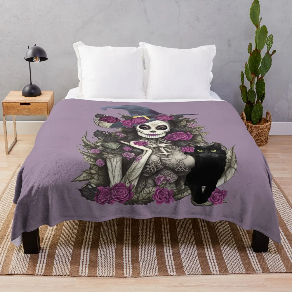 

Witch and cat for cute Halloween, purple roses,scary, spooky gothic floral lady Throw Blanket Summer Beddings Blankets