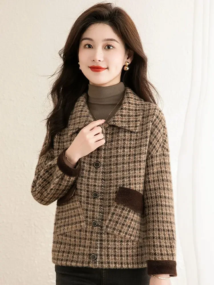 Vestes en velours à carreaux pour femmes, veste chaude d'hiver, blazers décontractés, laine et mélange, tweed femme, haute qualité, café