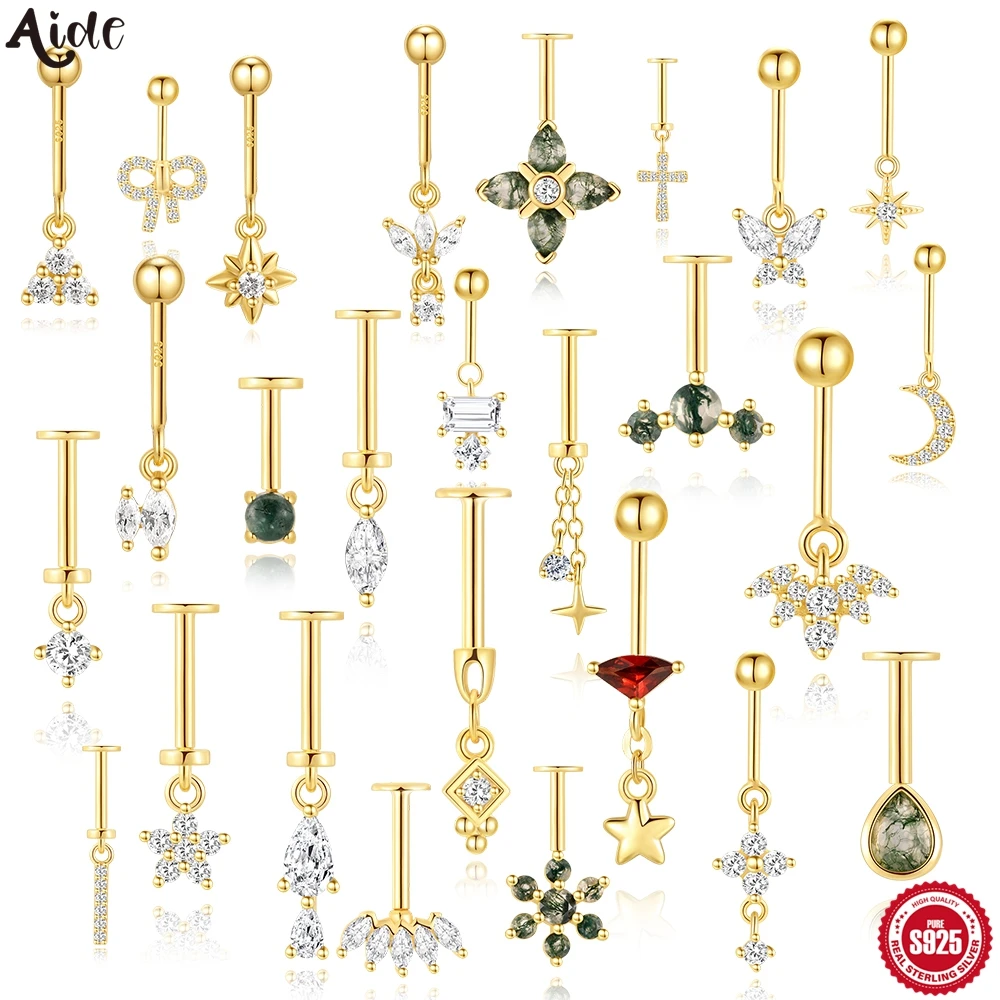 Aide 925 Sterling Silver Labret Piercing Earring Moss Agate & CZ Cartilage Tragus Studs for Women Trendy Vertical Piercing Jewel
