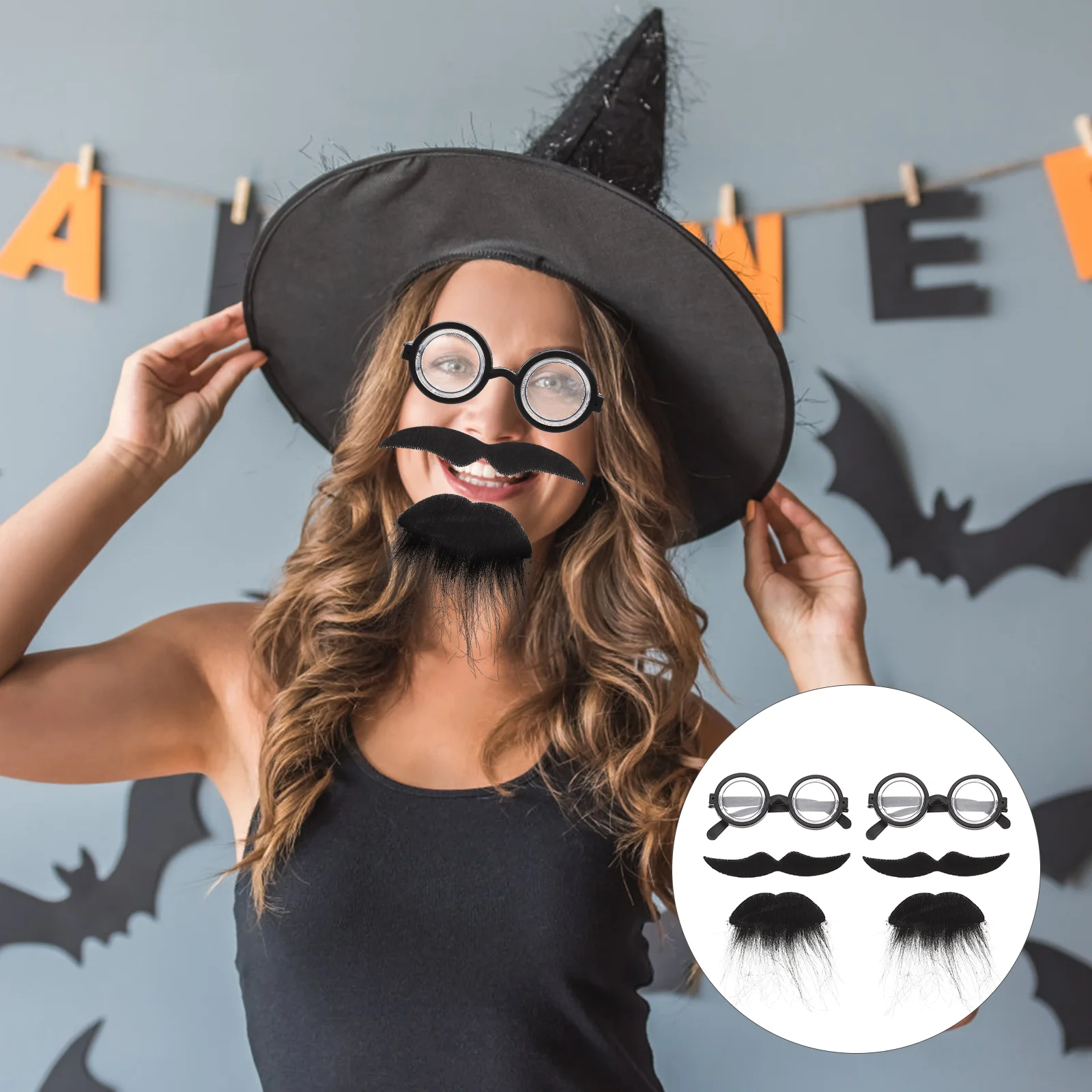 2 Sets Halloween Fake Beard Performance Decor Handlebar Mustache Cosplay Polyester Elder