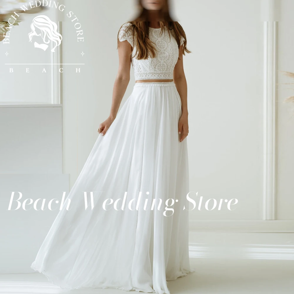 

Beach Customized Elegant O Neck Lace Appliques Wedding Dress Women Short Sleeves Backless Bride Dress A Line Simple Bridal Gown