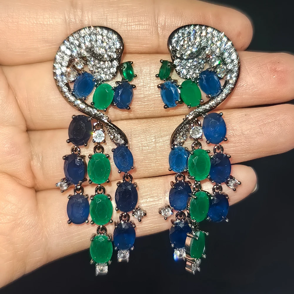 

unique luxury jewelry zirconia earrings for women white green blue oval drop dangling tassel earrings evening party
