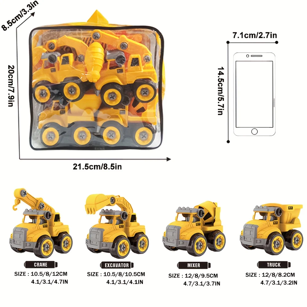 Pojazdy inżynieryjne montażowa Montessori DIY 4 szt., plażowa zabawka edukacyjna na prezenty urodzinowe dla chłopców, opakowanie torba do