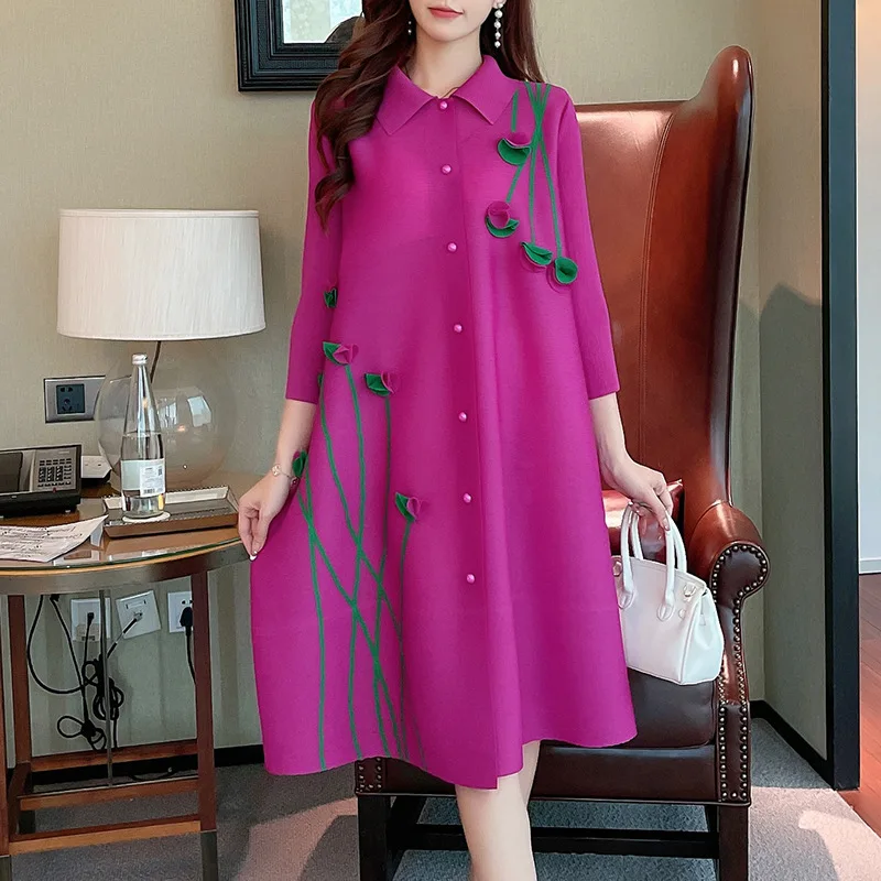 여성 셔츠 드레스 프린트 싱글 브레스티드 미디 드레스 턴다운 칼라 긴팔 스플라이스 베스티도스 캐주얼 A라인 오피스룩
