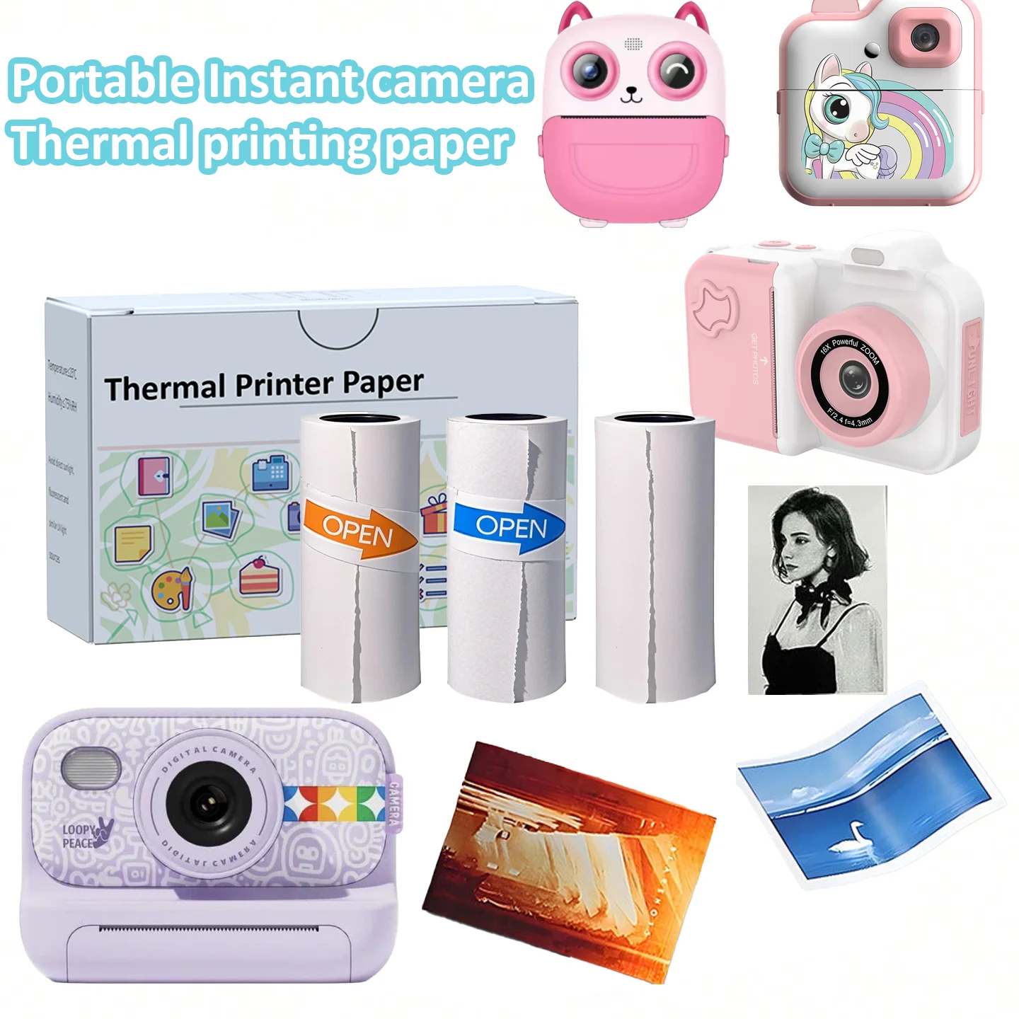 Orange Blue Black Color Print Kid Instant Camera Print Refill Paper- 57*25mm Thermal Print Paper Rolls Photo Print HD Printing