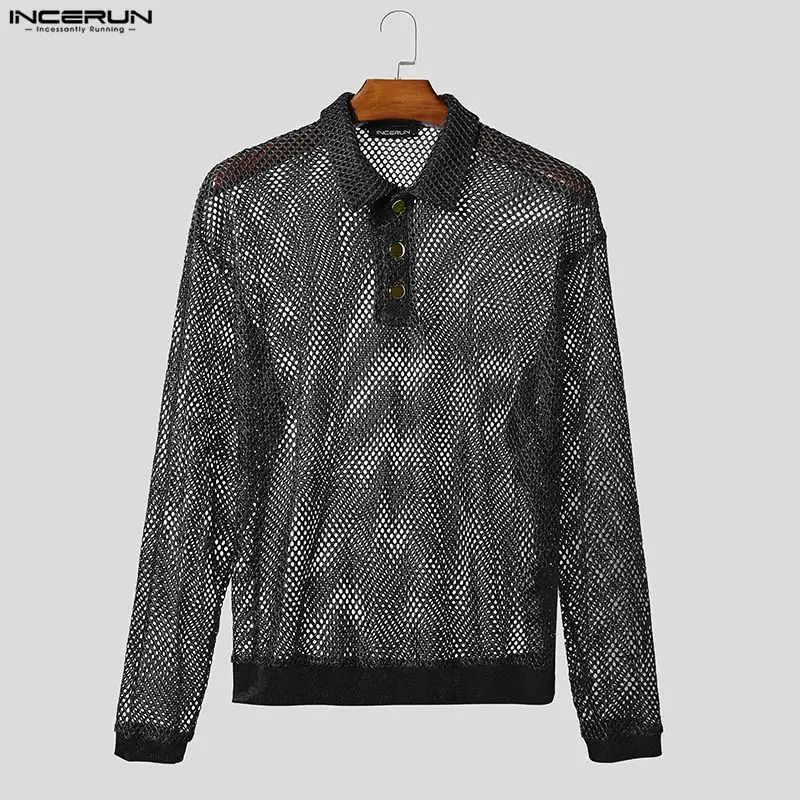 Fashion Men's Shirt Mesh Hollow Out See Through Lapel Long Sleeve Sexy Men Clothes Streetwear Loose Tops For Man Camisas INCERUN