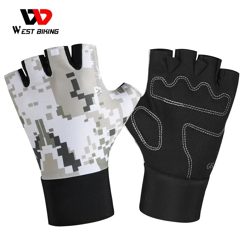 WEST BIKING Children's Half Finger Cycling Gloves Summer Funny Camo Pixel Style Anti Slip Fingerless Gloves Cooling Sport Gear