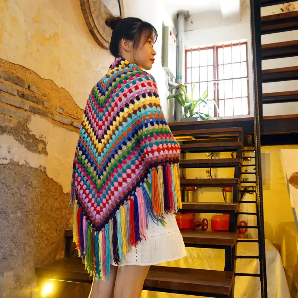 Chromatic colour Handmade Crochet granny square Tassel Scarf wraps women  Big flower autumn winter scarves poncho Scarf