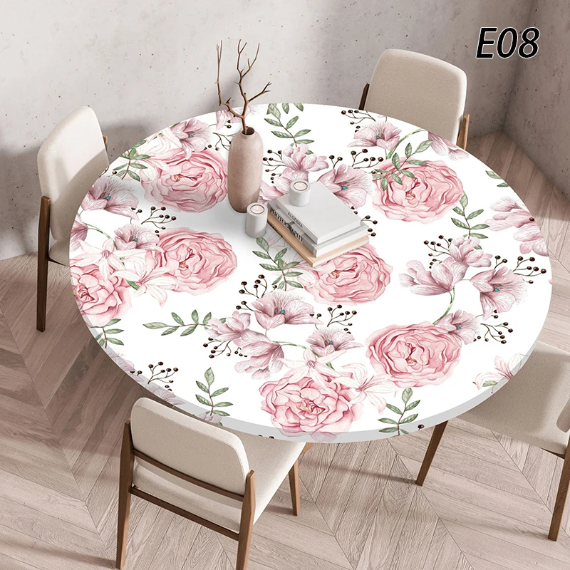 

60/90/100/120cm Round Table Cover Elastic Edge Plant Printing PVC Waterproof Tablecloth Home Dining Room Decor Table Protector