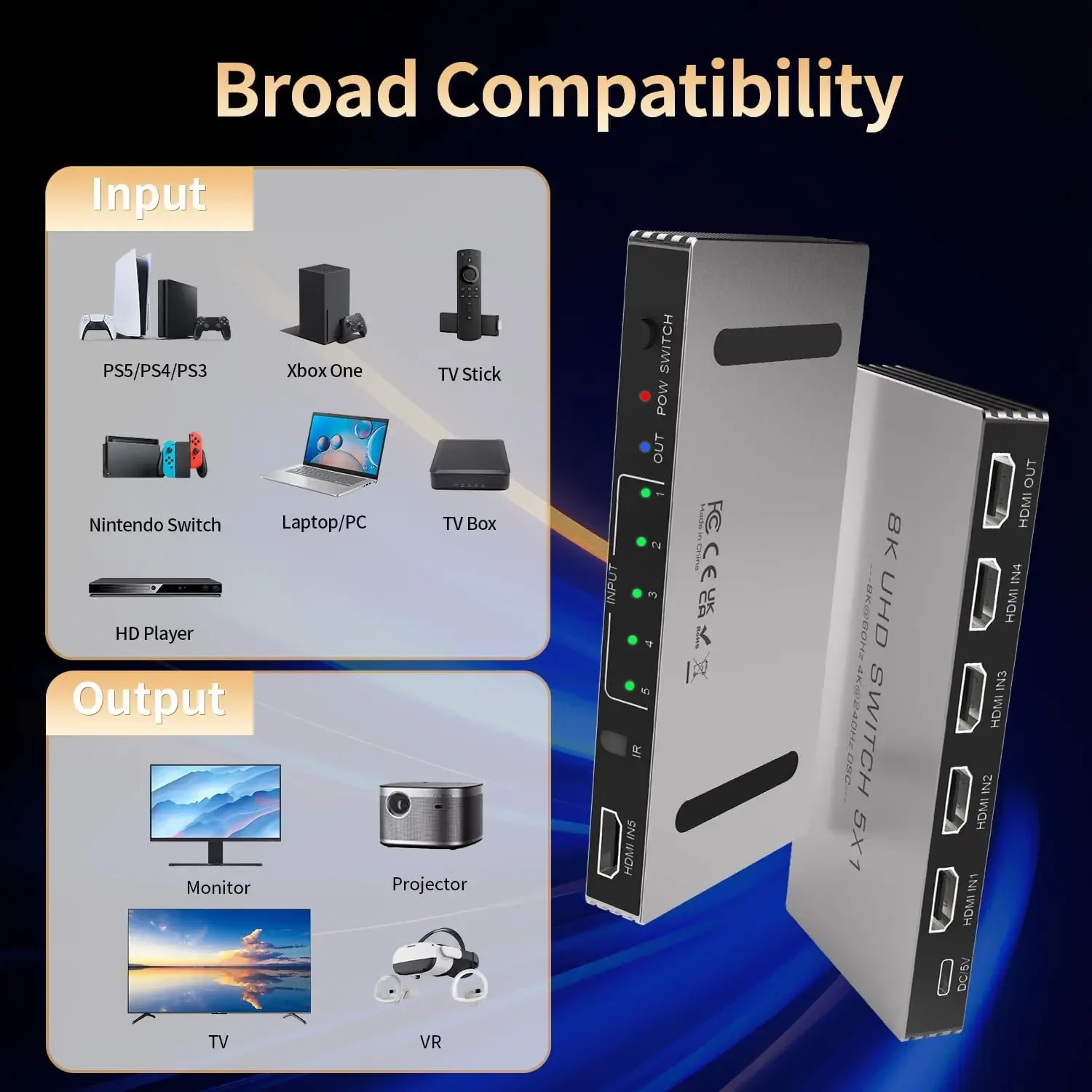 ترقية جديدة 8K @ 60 هرتز 4K @ 240 هرتز HDMI Switch 5 في 1 خارج الألومنيوم HDMI 2.1 محول محدد مع HDR10 + HDCP2.3 لتلفزيون PS5/4 Xbox PC #3