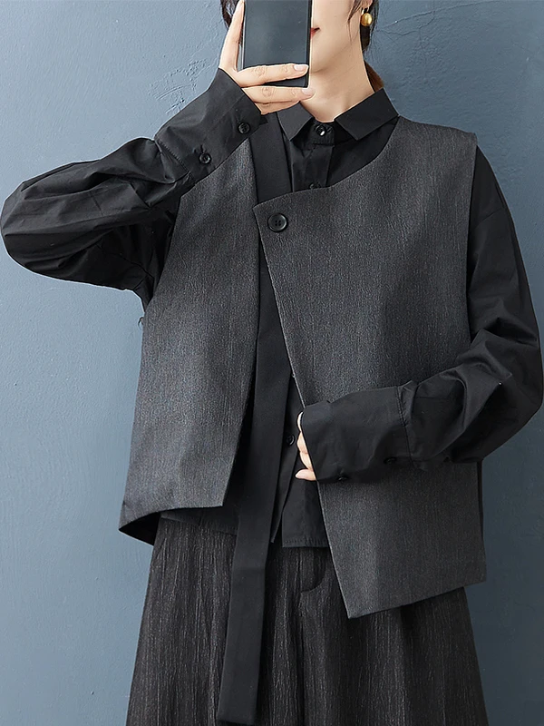 

Casual Off-oulder Svel Vest Outerwear Women's Irregular Design Faionable Top U-Ne Mid-Length One-Button Fastening