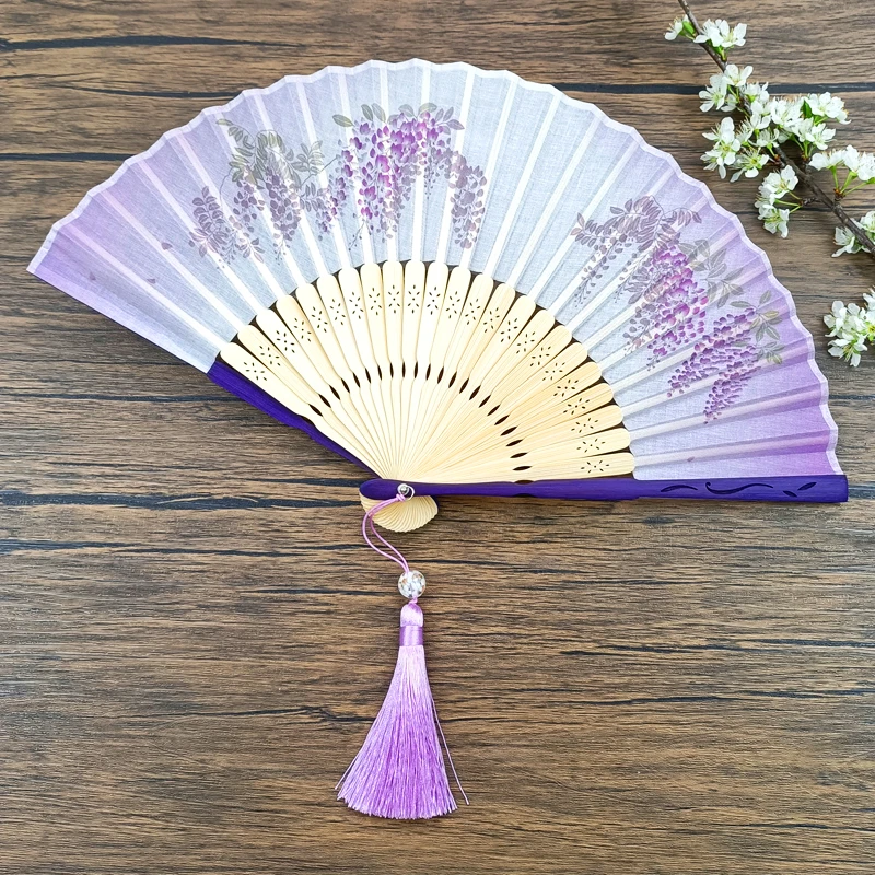 

Ele Cotton Muslin Portable Folding Fan adient Purple Vine Flower New Chinese Sle Artistic Retro Fan for Home Use