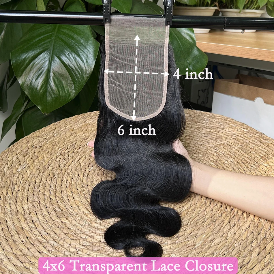 Body Wave 4x6 Transparent Lace Closure 100% Human Hair #1B Natural Color Deep Parting Melt Skin Invisible Lace Raw Virgin Hair