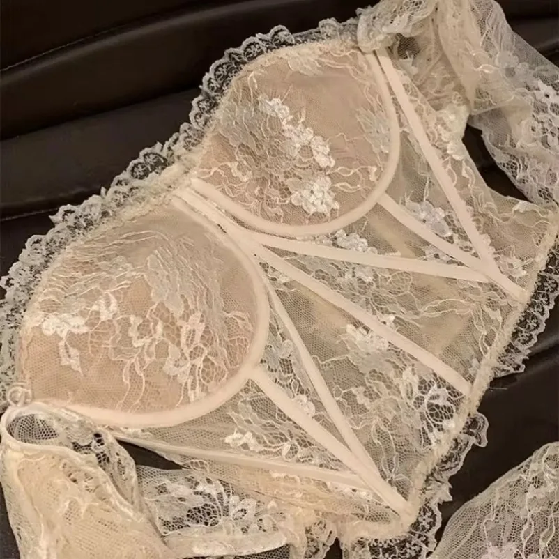 Heavy Chest Pad Slim Fit Shirts Women Sexy Mesh Patchwork Fashion Lace Blouses Y2k E-Girl Long Sleeve Bottoming Blusas Mujer
