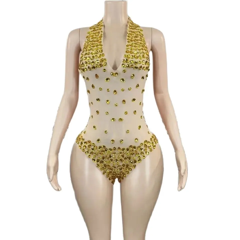 

Glittering crystals see through Skin-tight garment Women's sexy dance Skin-tight garment Stage costumes Show costumes