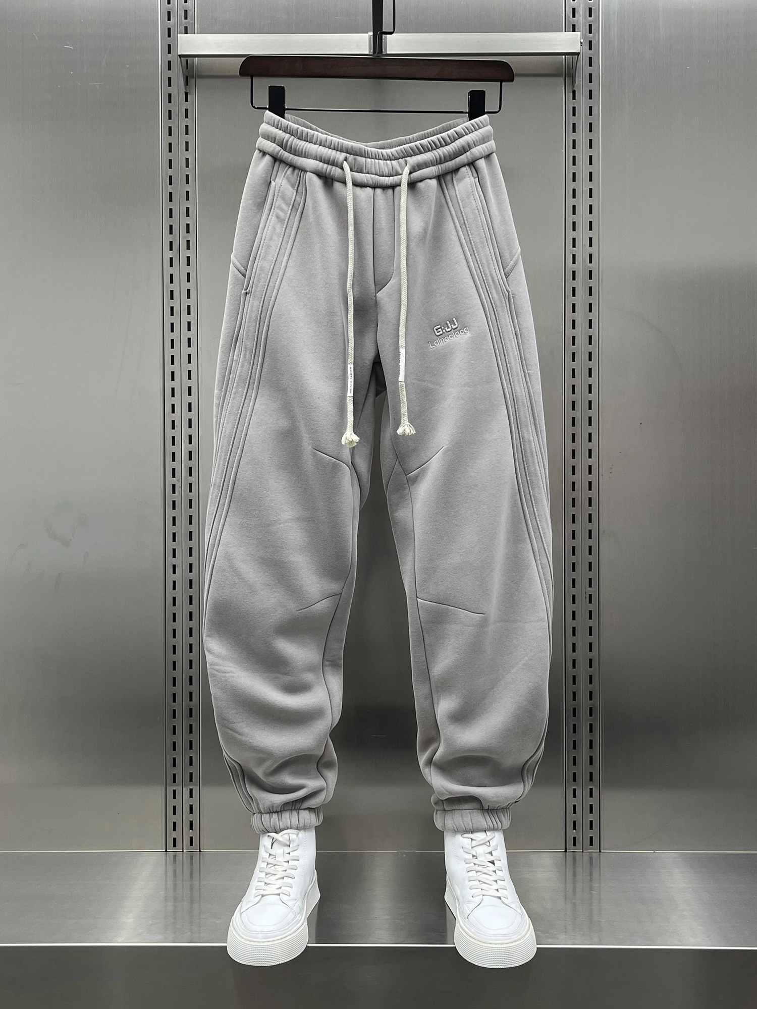 

Trendy Men's Fce Lined Harajuku Sle Sports Pants Autumn Winter Pure Color Patchwork Casual Trousers for Youngsters