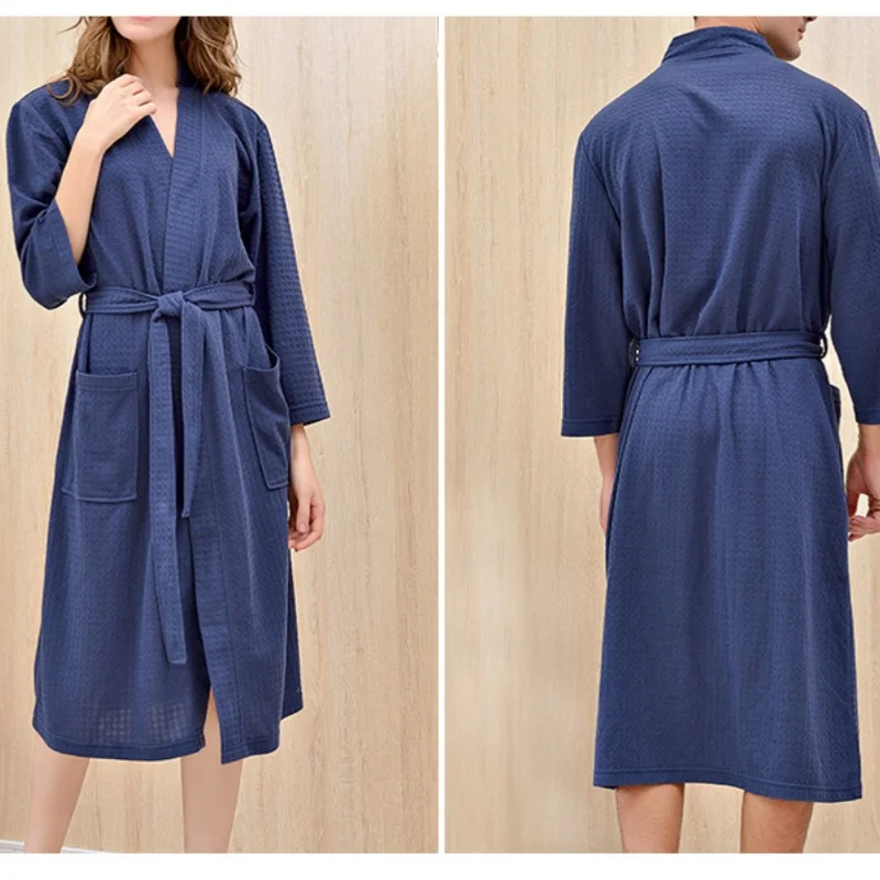 Couples Spring Autumn Waffle Bathrobe Pajamas For Women And Men With Waistband Pockets Nightrobe Long Sleeve V-Neck Solid Loose