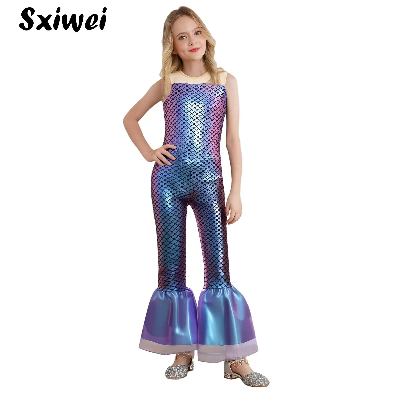 Mono de sirena sin mangas para niñas, traje de mono de longitud completa con estampado de escamas de pescado metálicas, disfraz de Cosplay de sirena para Halloween