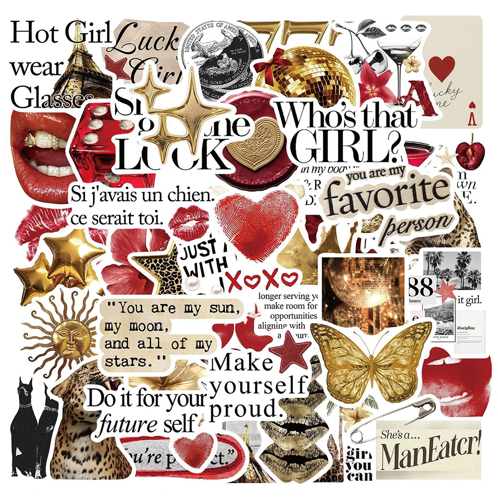 10/30/50 قطعة Ins نمط الذهب الأحمر الفن ملصقات الجمالية الرجعية Y2K فتاة الكتابة على الجدران الشارات حقيبة جراب هاتف دفتر ملصق ديكور