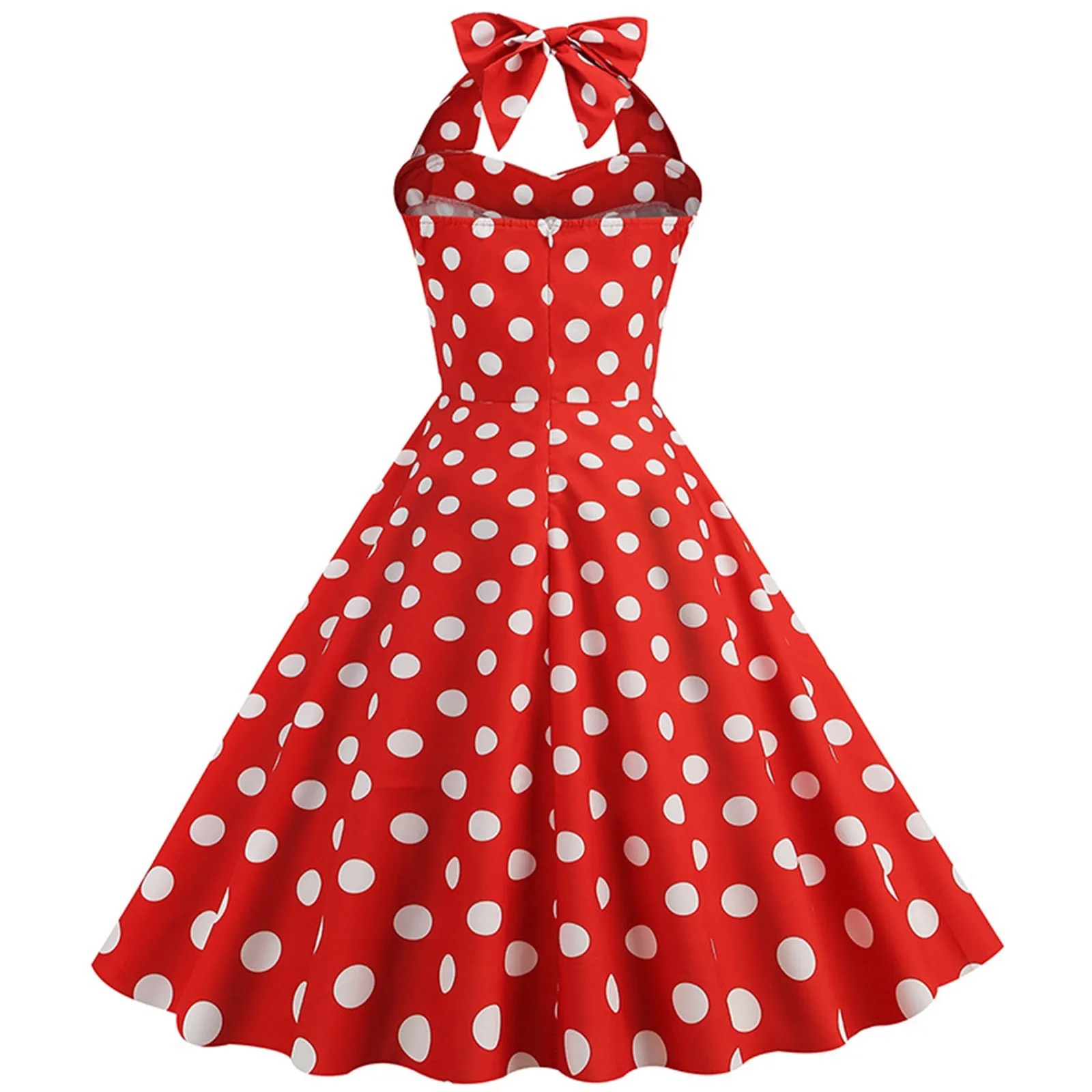 

Women Red Polka Dot Halter Dress Vintage 50s Rockabilly Hepburn Elegant Strapless Swing Retro Short Midi Tunic Pinup Party Dress