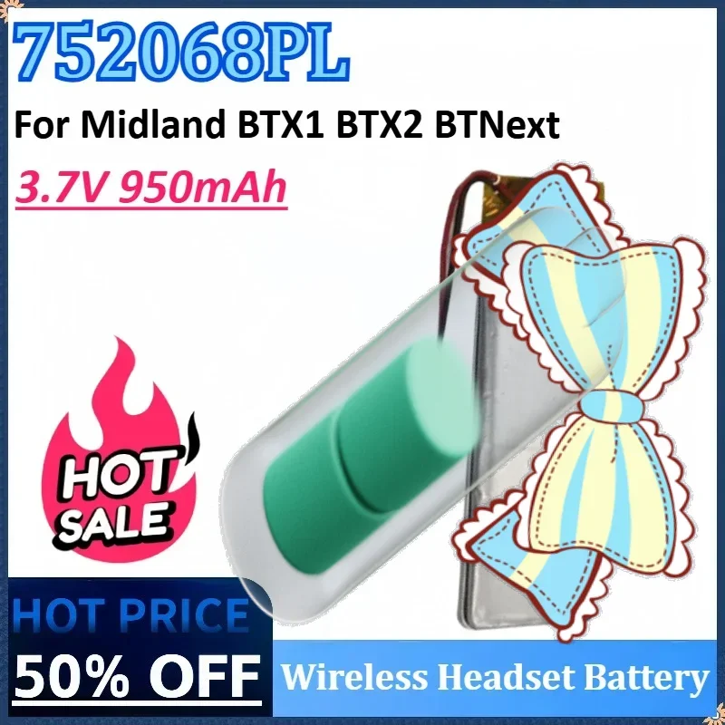 

3.7V 950mAh Wireless Headset Battery 752068PL for Midland BTX1 BTX2 BTNext Rechargeable Battery