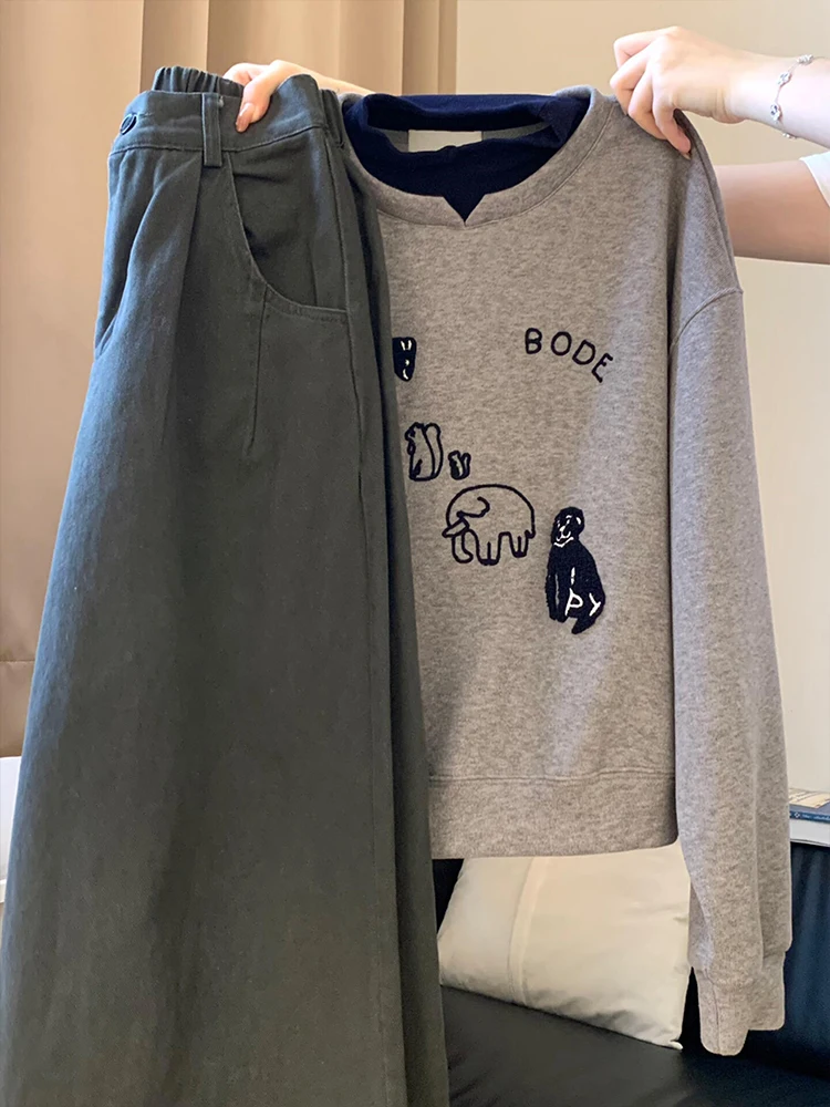 레트로 한국 동물 자수 스웨트셔츠 루즈핏 여성 가을 겨울 대학 스타일 디자인 감각 탑 컬러 블록 디자인