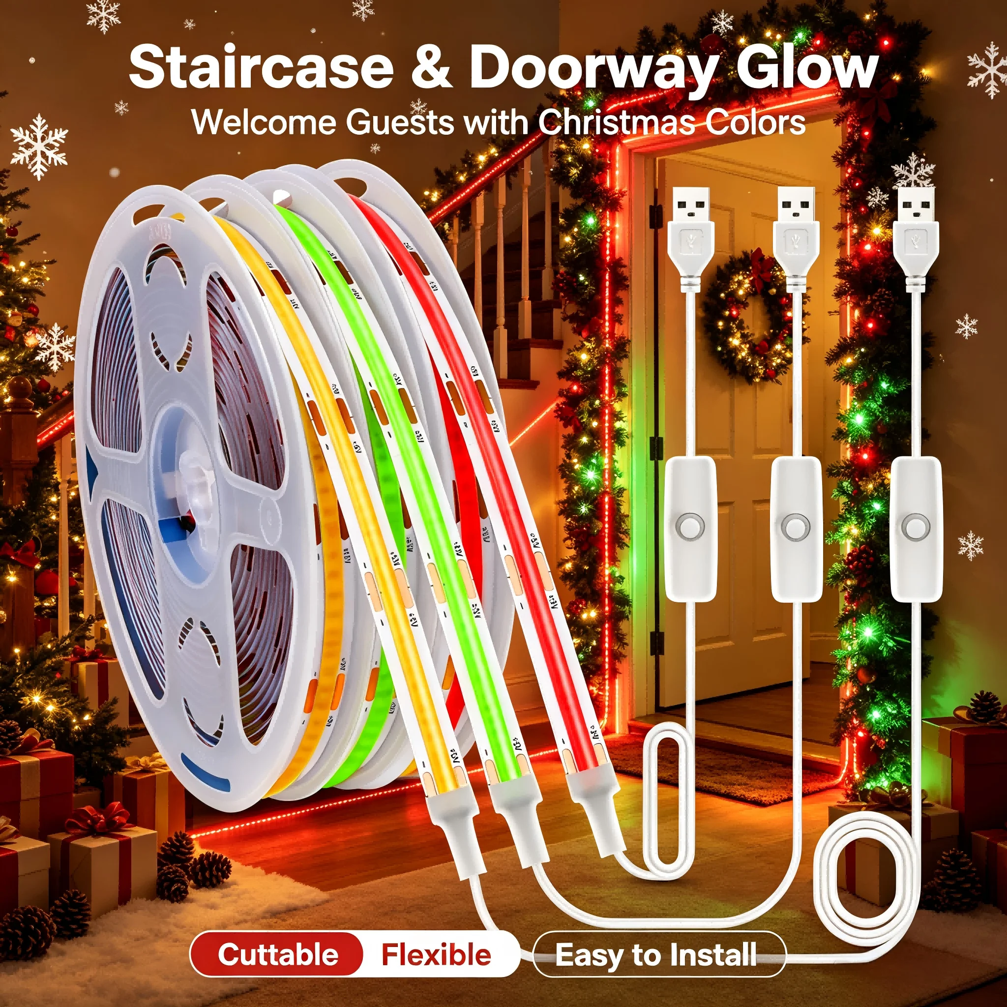 5V USB Cob Light Strip with Button Switch, Independent Single Color (Warm White/Red/Green), 1M/2M/3M/4M/5M, Can Be Cut, Suitable for Christmas Decorations, House Stairs, Corridors, Windows, Door Frames, Bed Surrounds, Etc