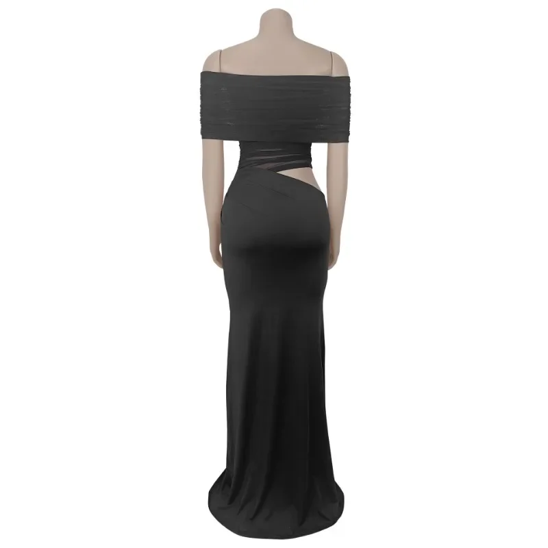 Hermosos vestidos largos fruncidos con hombros descubiertos para mujer, trajes amarillos, Vestido de playa drapeado de malla transparente elegante