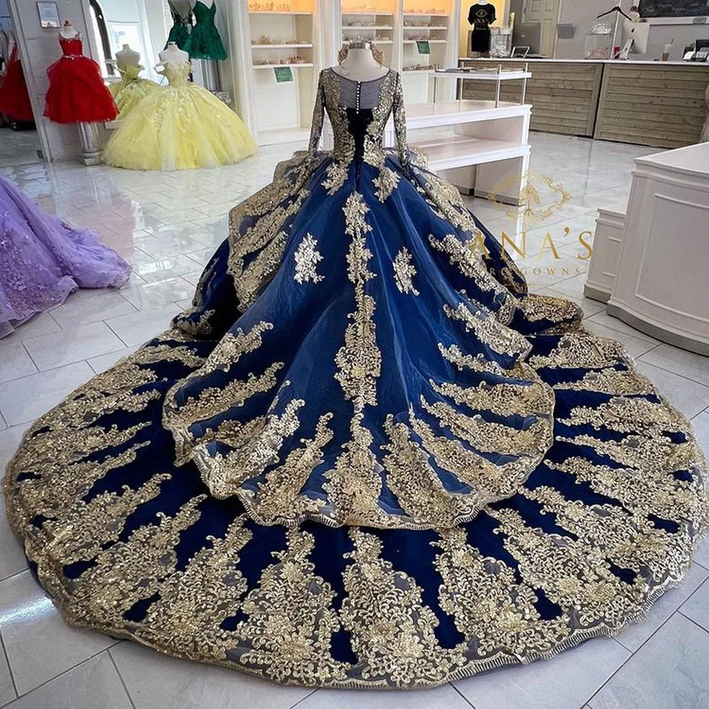 2022 Ball ชุด Quinceanera ชุด Grils Sweet 16 Royal Blue Applique แขนยาว Princess Vestidos De 15ปี