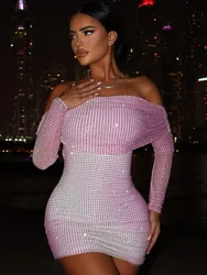 Newest Women Celebrity Sexy Off Shoulder Ruffles Pink Black Diamonds Bodycon Mini Dress 2024 Elegant Evening Club Party Dress