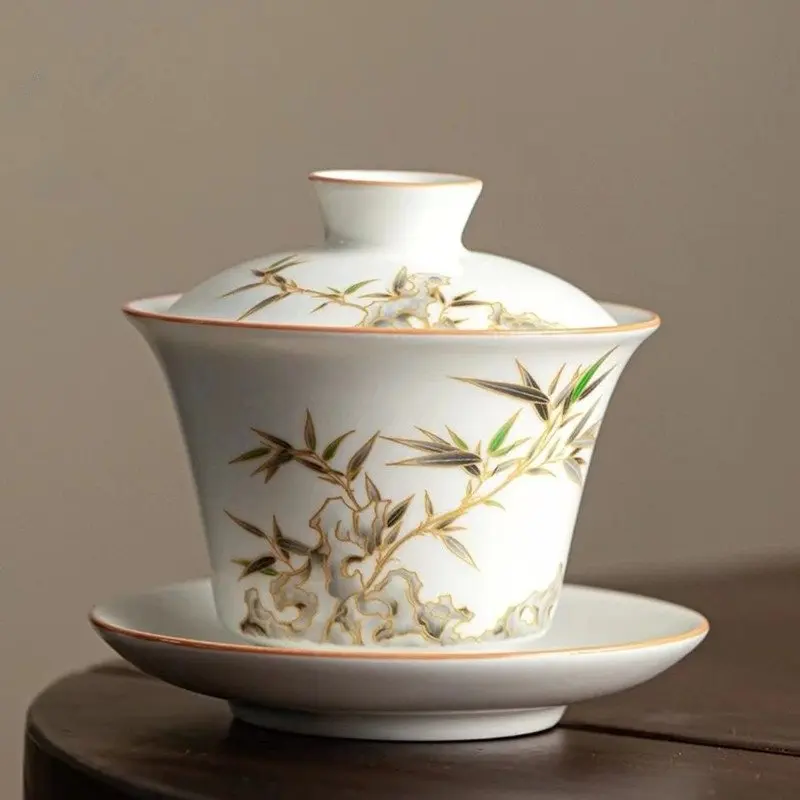 Hand drawn White China Gaiwan Persimmon Porcelain Tureen With Cup Saucer Coaster Covered Bowl With Lid Handpainted Cup Bowls