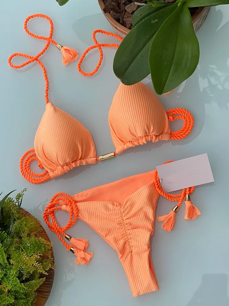 Maillot de bain à nervures pour femmes, Sexy, Micro, tanga, Bandage, col licou, brésilien, vêtements de plage, nouvelle collection, 2022