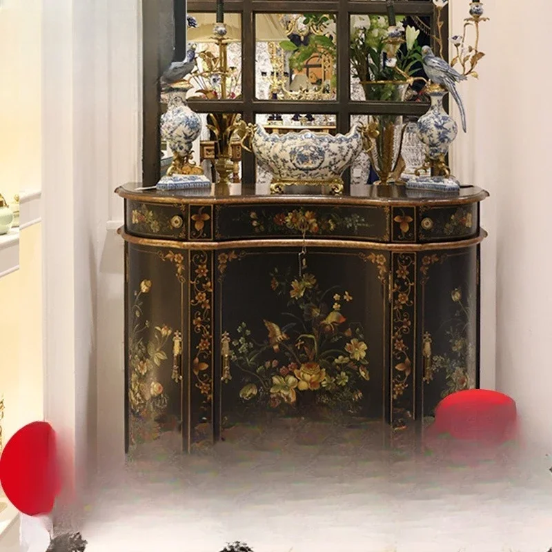 European Chinese style retro navy blue luxury gold hand-painted big-name entrance cabinet villa foyer