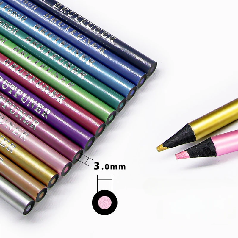 12 Metal Pearlescent Black Wood Color Pencil Set Children's Creative Graffiti Highlight Painting Round Rod Art Pencil