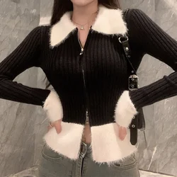 Zip Up Ribbed Knit Top with Fuzzy Collared Long Sleeve Crop Sweater Cardigan for Women Teen-girl 90s Outfit