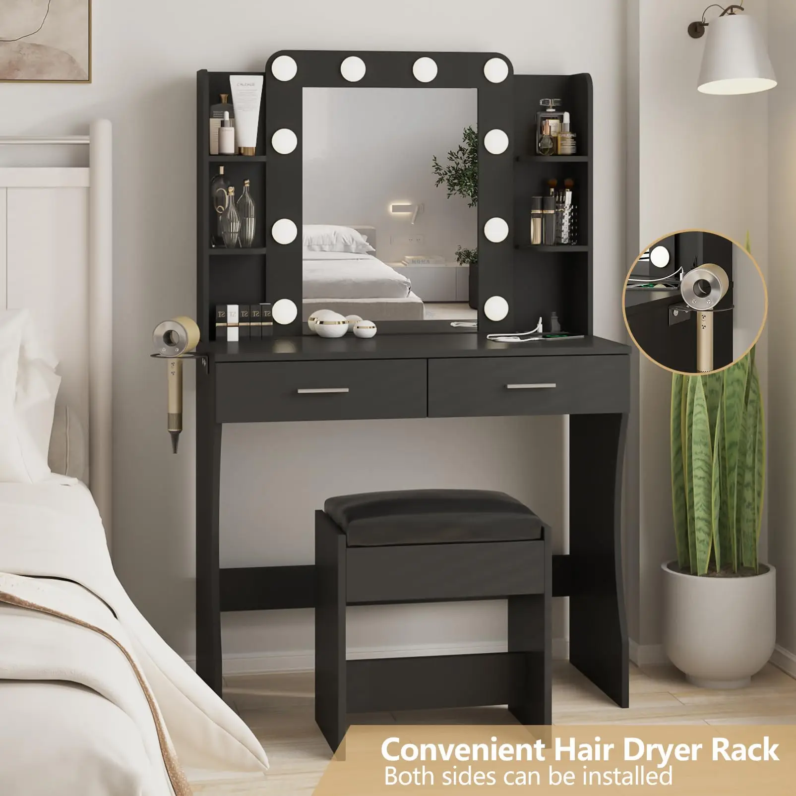 Desk with Lights,Makeup with Power Strip,Black