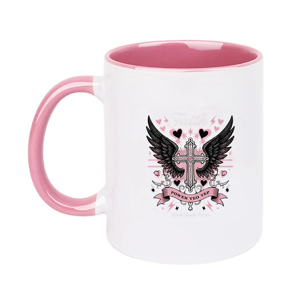 11oz Faith Cross Design Ceramic Coffee Mug with Angel Wings Hearts Stars for Valentine's Day and birthday Holiday Present Home U