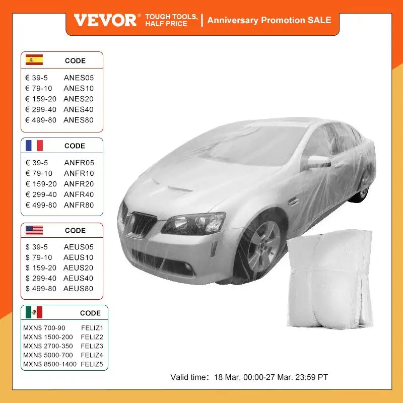 VEVOR Plastic Universal Full Car Cover 10 Individual Packages Disposable 3.8 X 6.6 m Size Rain Dust Shelter for Most Sedan Car